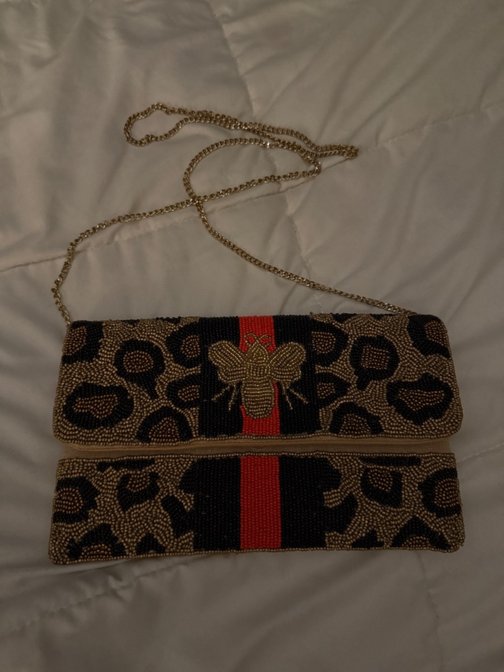 Leopard Beaded Foldover Crossbody Bag with Gold Bee Accent